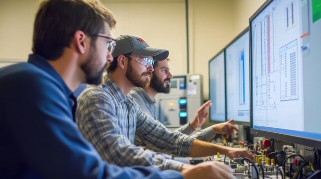 A team conducting a simulation for electrical system protection against faults, advanced software tools,