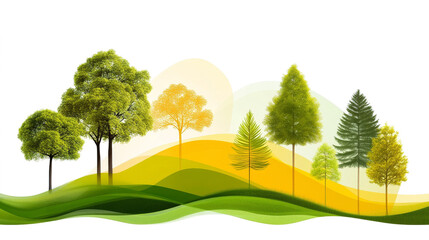 Obraz premium Beautiful vector illustration of a rural landscape with green grass, tall trees, and a winding road leading towards a distant hill under a bright blue sky with fluffy white clouds