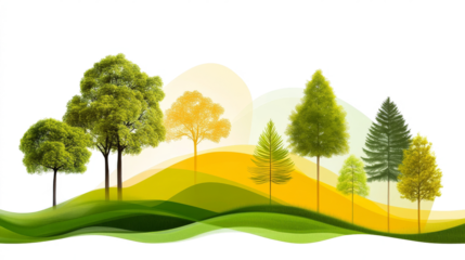 Beautiful vector illustration of a rural landscape with green grass, tall trees, and a winding road leading towards a distant hill under a bright blue sky with fluffy white clouds