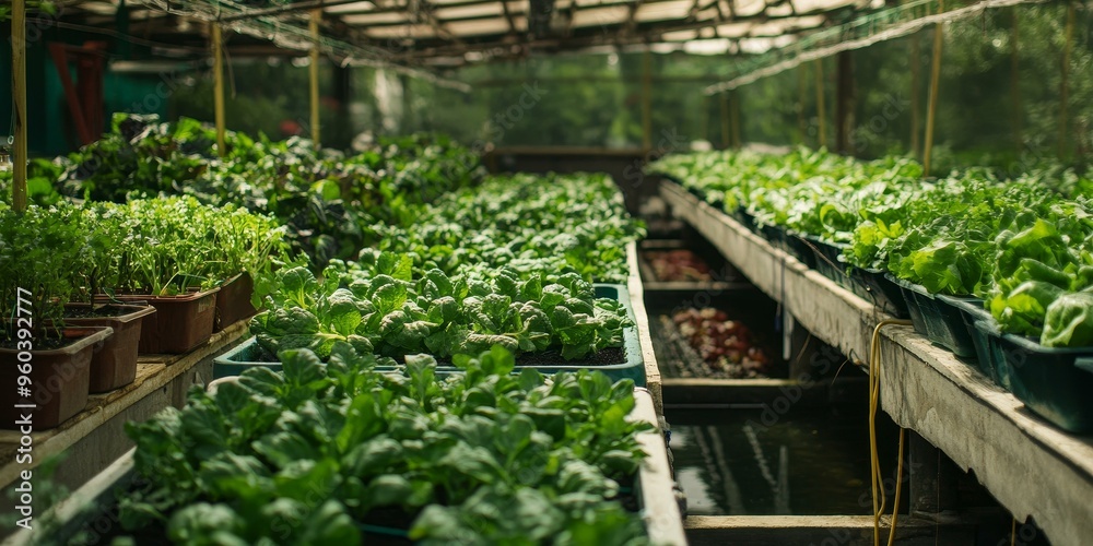 Poster Green leafy vegetables growing in rows.