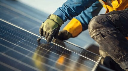 Close-up of hands securing solar panels onto a roof, with an electrician wearing safety gear and using specialized tools