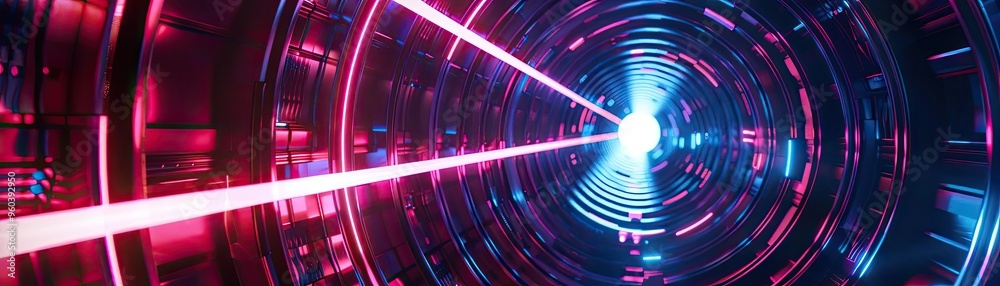 Poster a vibrant tunnel of light featuring blue and red lasers, creating a futuristic atmosphere for techno