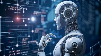 Futuristic Robot Interacting with Digital Interface