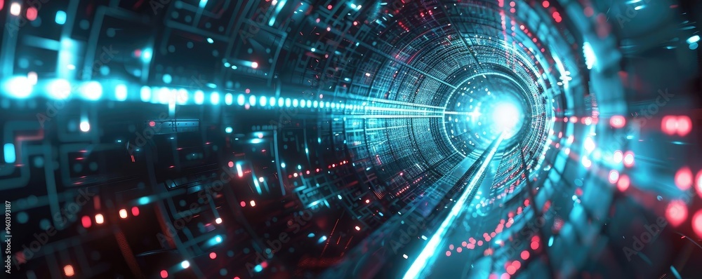 Aufkleber Futuristic digital tunnel with glowing lights and intricate patterns creating a sense of speed and depth in technology.