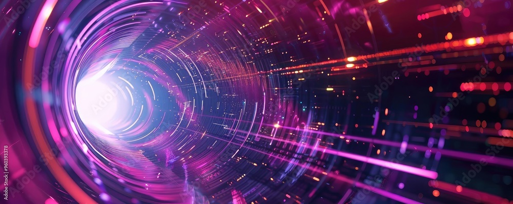 Poster a vibrant tunnel of light showcasing dynamic patterns and colors, evoking a sense of depth and futur
