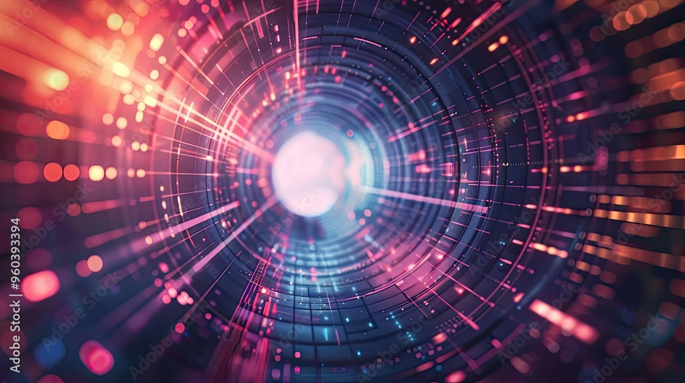 Poster A vibrant digital tunnel filled with colorful lights and dynamic patterns, representing innovation and futuristic technology.