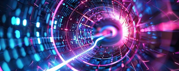 Obraz premium An abstract representation of a digital tunnel, featuring vibrant lights and intricate patterns that evoke a sense of depth and motion.