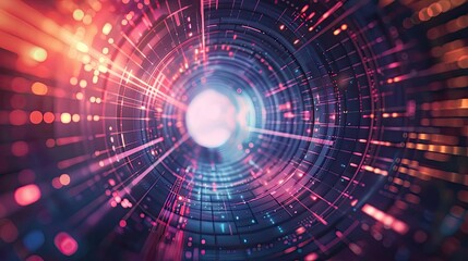 Fototapeta premium A vibrant digital tunnel filled with colorful lights and dynamic patterns, representing innovation and futuristic technology.