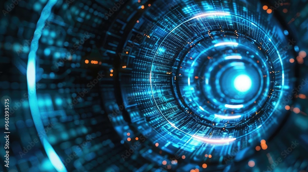 Poster a futuristic digital tunnel with glowing blue lights and intricate patterns, representing advanced t