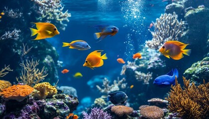 Naklejka premium A vibrant underwater scene showcasing colorful fish and coral, illustrating marine biodiversity.