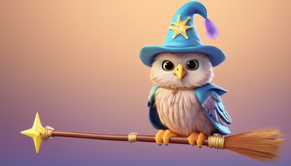 Naklejka premium A tiny owl dressed as a wizard, holding a wand with twinkling stars, perched on a broomstick. happy card
