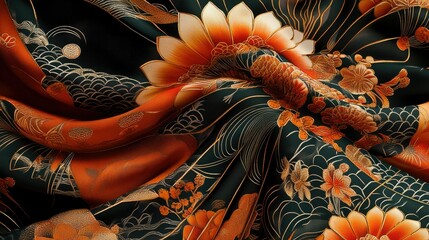 Naklejka premium Detailed digital rendering of Japanese fabric patterns with traditional designs and modern twists, perfect for high-quality prints