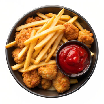 chicken fry, frence fry and katchup in a black bowl