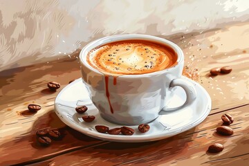Obraz premium A digitally painted coffee cup with rich foam, surrounded by scattered coffee beans on a rustic wooden table.