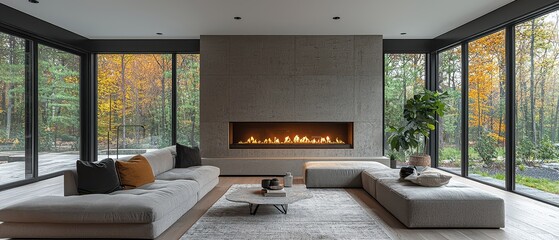 Serene Minimalist Living Room with Modular Seating and Fireplace.