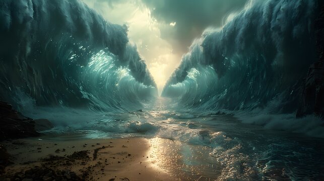 Show the majestic journey as Moses leads the Israelites through the parted Red Sea, with colossal waves forming walls on either side and the dry ground bathed in a gentle,