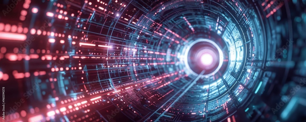 Poster Abstract digital tunnel with glowing lines and vibrant colors, representing technology, data flow, and futuristic concepts.