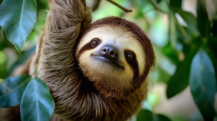 Fototapeta premium A close-up of a smiling sloth hanging from a branch amidst lush green leaves.