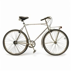 Fototapeta premium A classic silver bicycle with a black saddle and handlebars, isolated on a white background. The bicycle has a front and rear fender.