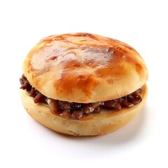 A close-up of a savory meat sandwich on a white background.