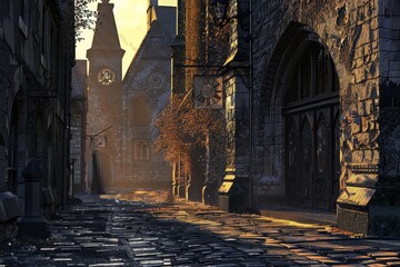 A cobblestone street in a quaint town with a clock tower and a large wooden door at the end. The setting sun casts a warm glow over the scene.
