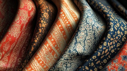 High-resolution digital rendering of traditional Indonesian fabric patterns, showcasing intricate designs and vibrant colors for textiles