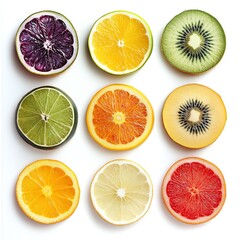 Fototapeta premium tranches d'agrumes variés sur fond blanc, différents fruits coupés