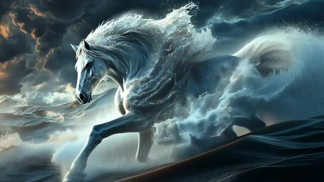  Majestic Water Horse Emerging from Ocean Waves in a Stormy Scene