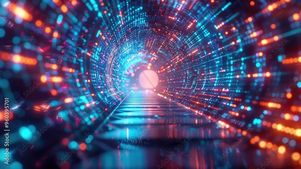 Poster A futuristic tunnel filled with bright, colorful lights, creating a mesmerizing sense of depth and motion.