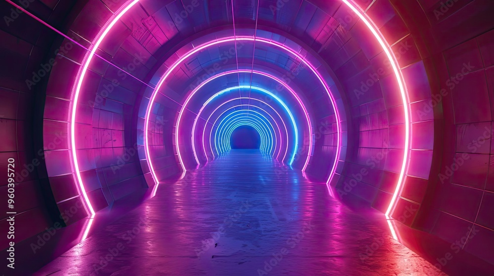 Poster a vibrant neon tunnel with glowing lights, creating a futuristic and mesmerizing atmosphere for imag