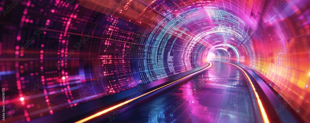 Poster a vibrant digital tunnel with swirling colors and lights, creating a sense of motion and futuristic 