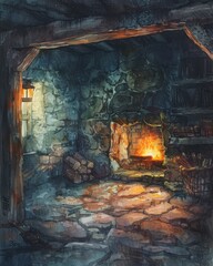 A cozy stone room with a crackling fireplace, a lantern, and a stack of firewood.  The room is dimly lit, creating a warm and inviting atmosphere.