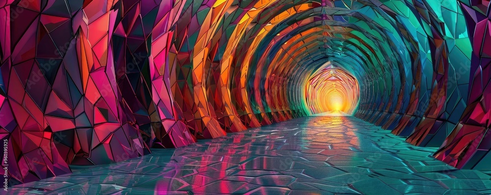Poster A vibrant colorful tunnel with geometric patterns, illuminated by a warm light at the end, creating a surreal atmosphere.