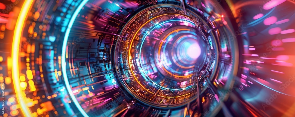Poster Abstract tunnel with vibrant colors and futuristic lights creating a mesmerizing visual effect in a tech-inspired environment.