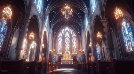 A church interior with high ceilings, beautiful stained glass, and an ornate chandelier.