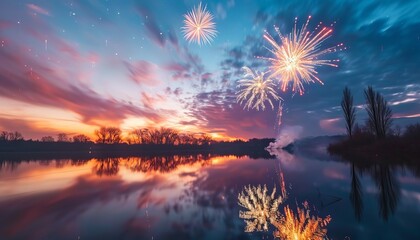 Stunning Evening Spectacle: Colorful Holiday Fireworks Dancing Across the Sky