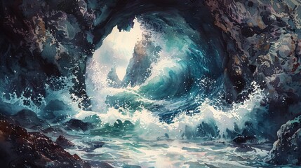 A dramatic view of crashing waves seen through a cave opening.  The ocean is a vibrant blue and green, with white foam.  The cave is dark and mysterious.
