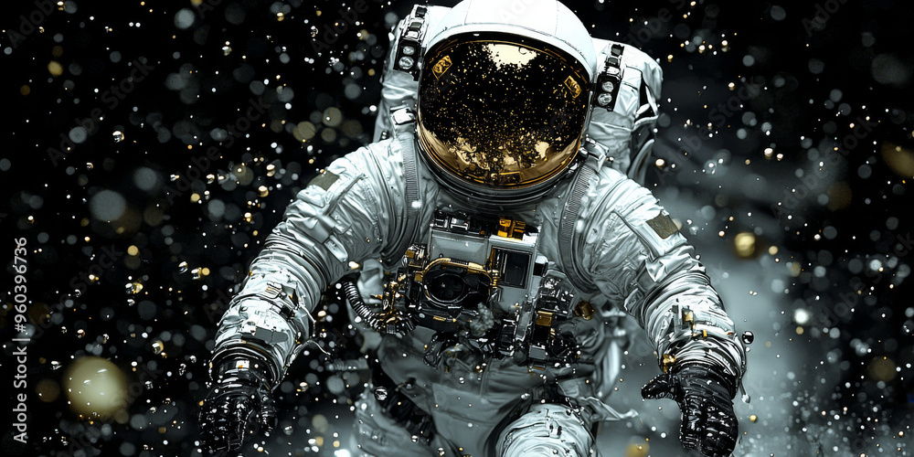 Wall mural an astronaut in a white spacesuit floats through space, surrounded by sparkling particles.