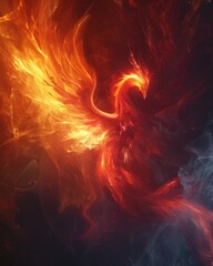 Fototapeta premium A fiery phoenix bird soars through the air, its wings ablaze with vibrant orange and yellow flames.