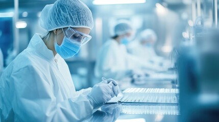 Close-up of cleanroom production, workers handling delicate tasks in a sterile environment, focus on detail and high-tech processes -