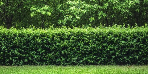 Green bush hedge with grass in the foreground.