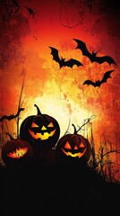 Fototapeta premium Glowing pumpkins with bats flying over a spooky Halloween scene