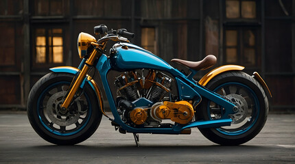 Obraz premium A vintage-style motorcycle with a turquoise and gold color scheme, featuring leather and chrome details. The motorcycle is parked indoors, possibly in a garage or showroom.