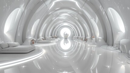 Obraz premium Futuristic interior design in white tones. Technologies of the future made of plastic. 3D illustration