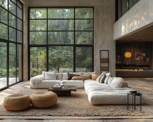 Fototapeta premium Modern Elegance in a Cozy Chic Living Room with Large Windows and Contemporary Design Elements