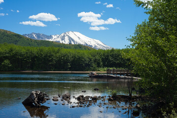 Washington's Mount St Helens looms above Coldwater Lake, which was formed during the 1980 eruption.