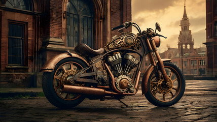 A vintage motorcycle parked in a courtyard or alleyway, with a castle-like building in the background. The motorcycle has a classic design with ornate detailing and a golden color scheme.