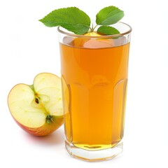 A glass of apple juice with a sliced apple and green leaves on a white background.