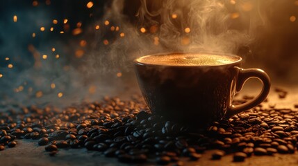 a cup of freshly brewed coffee and a sprinkling of coffee beans