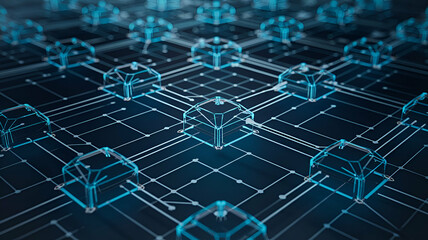 Obraz premium Futuristic Blockchain Data Network Glowing Decentralized Nodes in Secure Digital World Innovative Cryptocurrency Technology Visualization